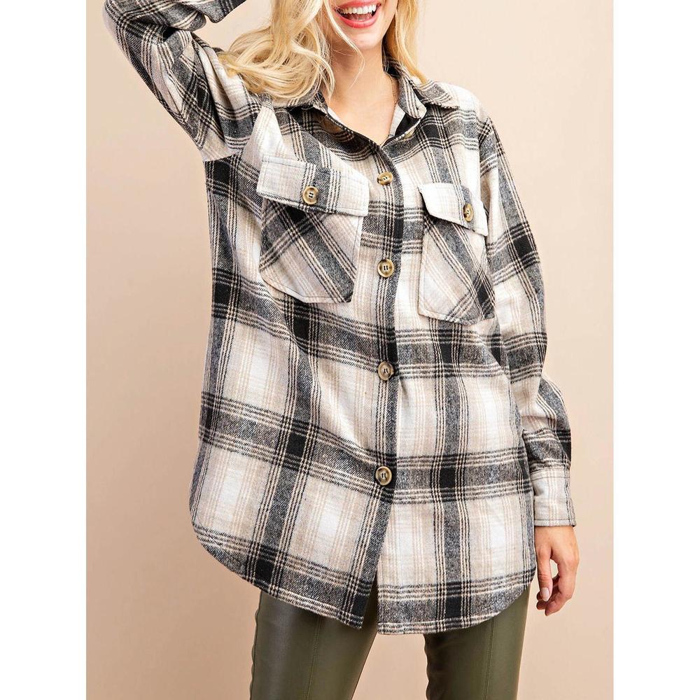 NEW KORI plaid shirt jacket in black/tan